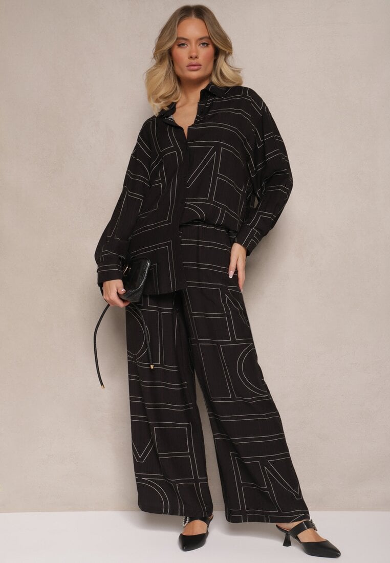 Set Negru din Vâscoză Decorat cu Imprimeu Geometric Cămașă și Pantaloni Hanovin
