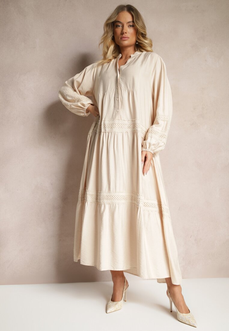 Rochie Bejă Vâscoză Decorată cu Dantelă Nelanira