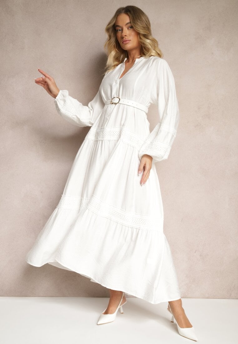 Rochie Albă Cloche din Viscoză cu Inserții din Dantelă Nalanieth