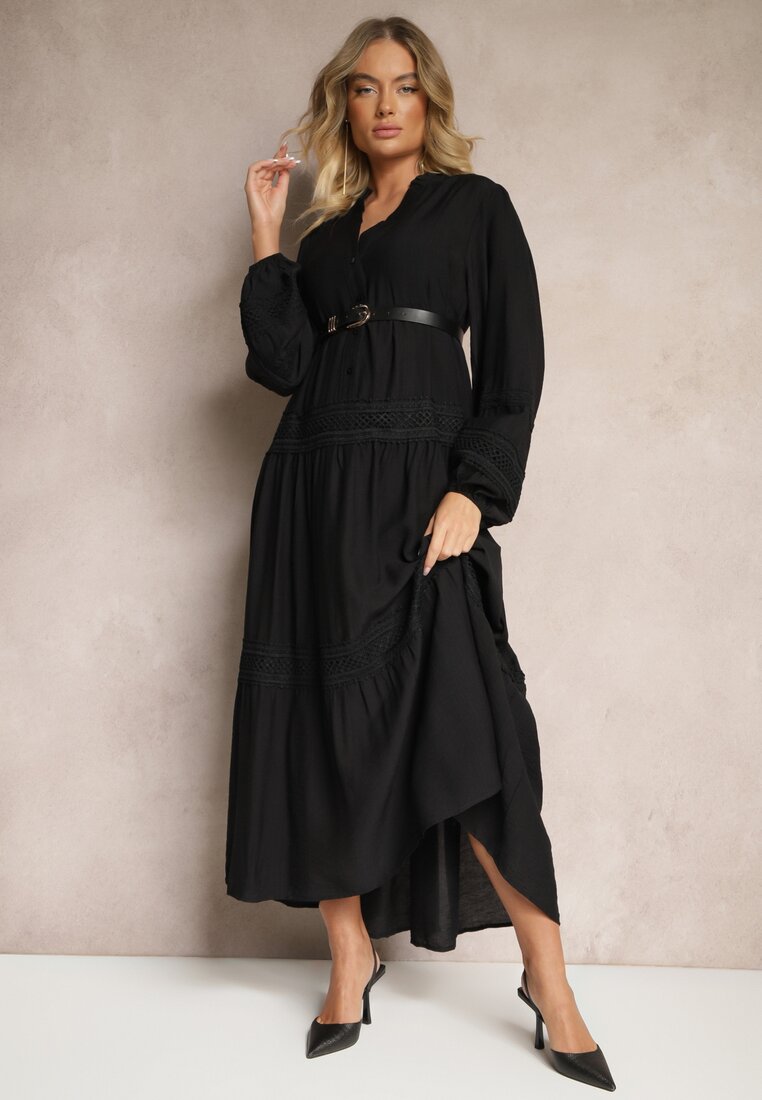 Rochie din Viscoză Neagră Decorată cu Dantelă Nelanira