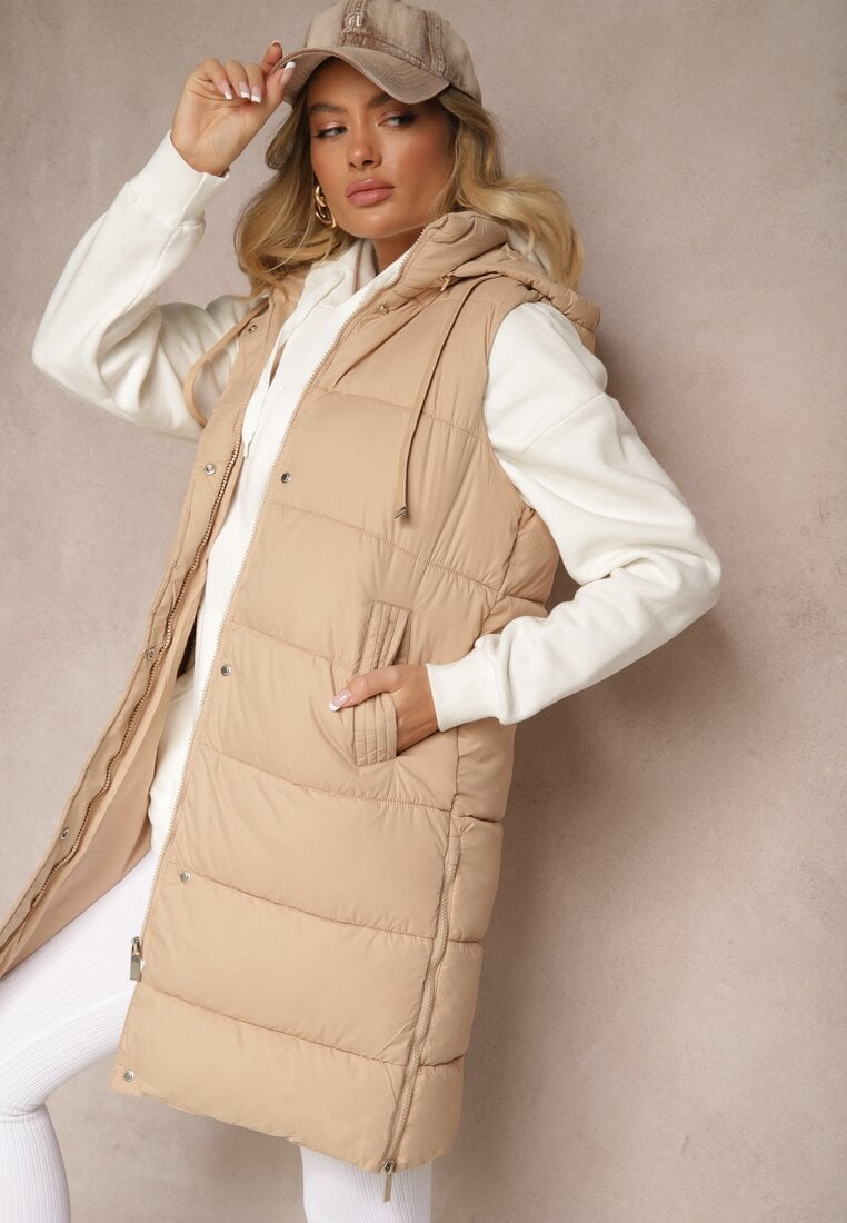Vestă Bej închis Matlasată cu Glugă Decorată cu Șnururi Eleandra