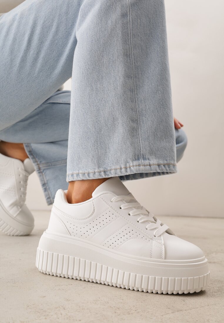 Adidași Albi pe Platformă Decorați cu Perforații Eleainna