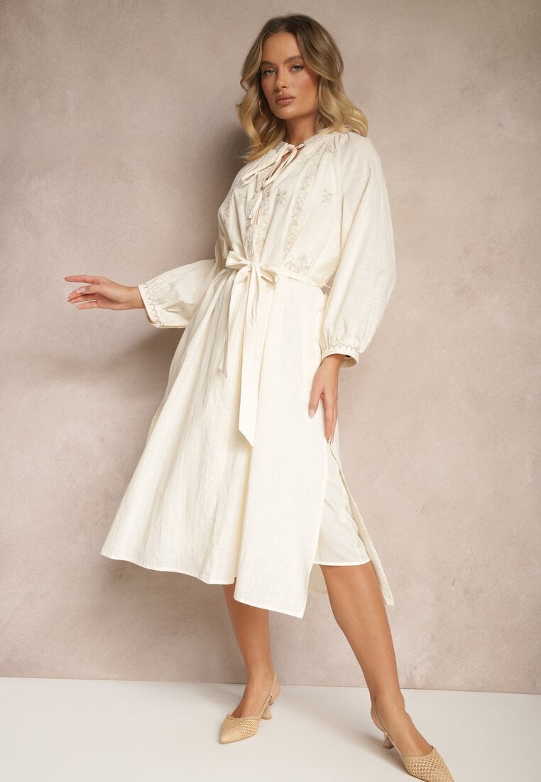 Rochie bej cu curea Boho din bumbac decorată cu broderie Gonalin