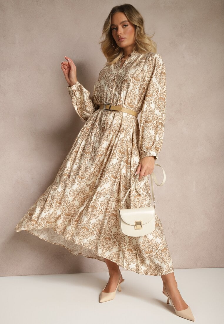 Rochie Bej din Vâscoză cu Model Ornamental Croi Cloș Gonalia