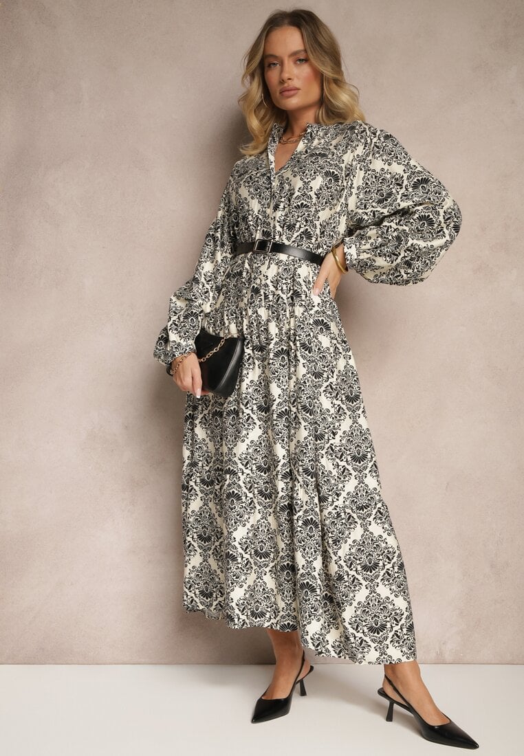 Rochie Viscoză Neagră cu Model Ornamental cu Croială Evazată Gonalia