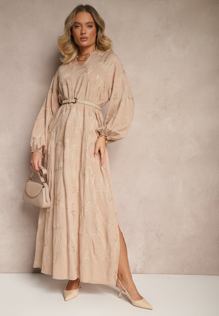 Rochie Bej din Viscoză Decorată cu Broderii și Fir Metalic Tervezia