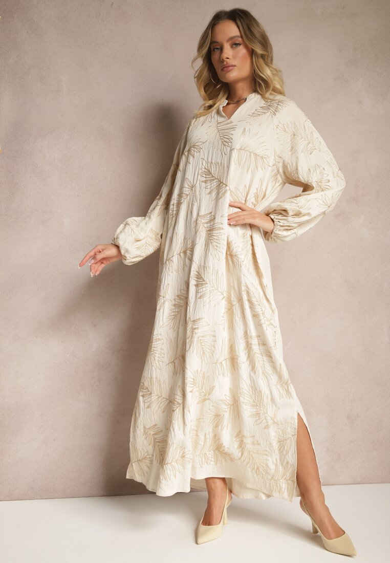 Rochie bej deschis din Vâscoză Decorată cu Broderii și Fir Metalic Tervezia