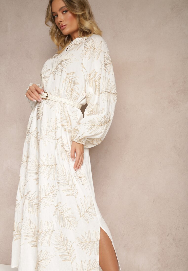 Rochie Albă din Vâscoză Decorată cu Broderii și Fir Metalic Tervezia