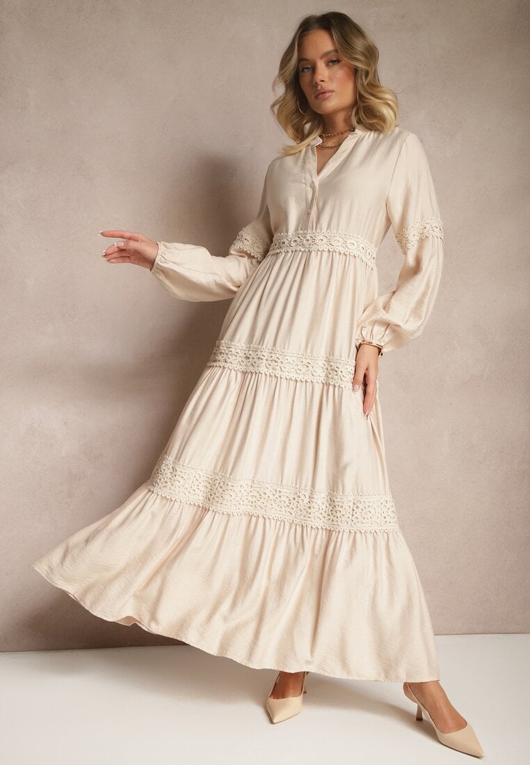 Rochie bej din viscoză cu croială evazată și dantelă Gonalorin