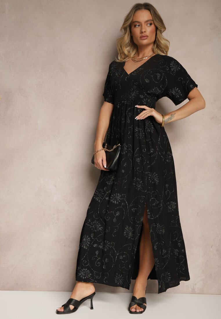 Rochie Neagră din Viscoză Decorată cu Broderie și Fir Metalic Ivelvesa