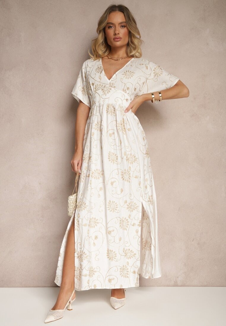 Rochie Albă din Viscoză Decorată cu Broderie și cu Fir Metalic Ivelvesa