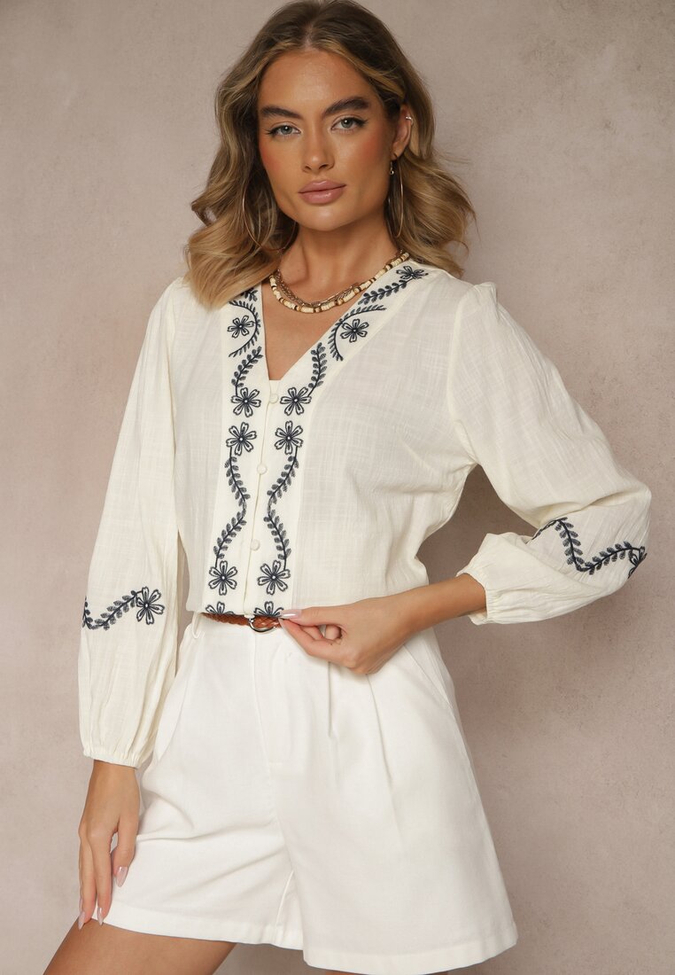 Cămașă Bejă din Viscoză cu Decolteu în V Decorată cu Broderie cu Motiv Floral Gonarrae