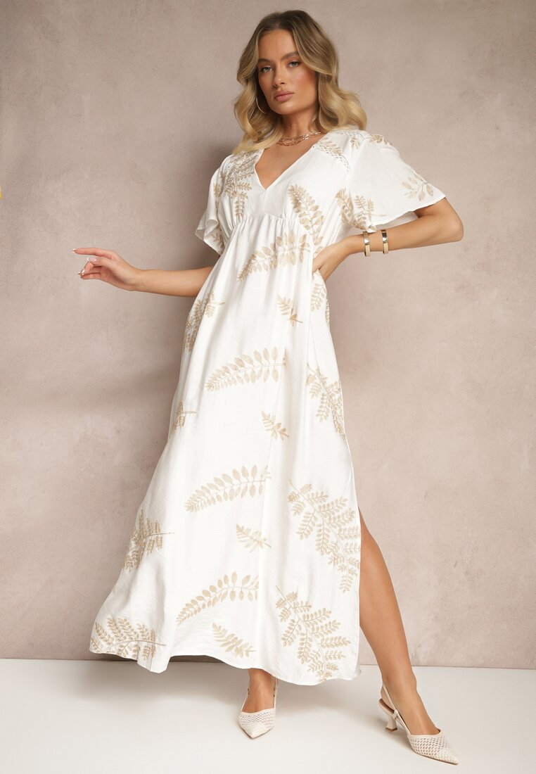 Rochie Cloș Albă din Viscoză Decorată cu Frunze Brodate Tirvesa