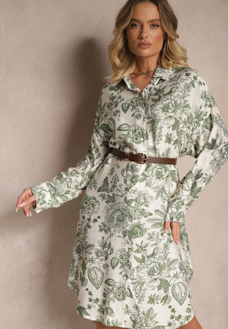 Rochie Verde din Viscoză Tip Cămașă cu Imprimeu Floral Varvesa