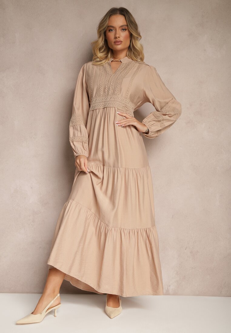 Rochie Cloș Bej din Viscoză Stil Boho cu Dantelă și Elastic Gonalien