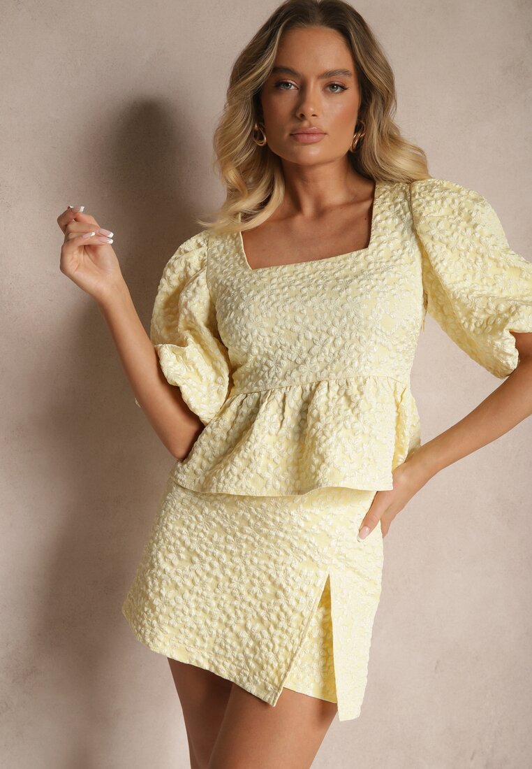 Fustă-Pantaloni scurți Galbeni cu talie înaltă cu floricele decorative Nelzemis