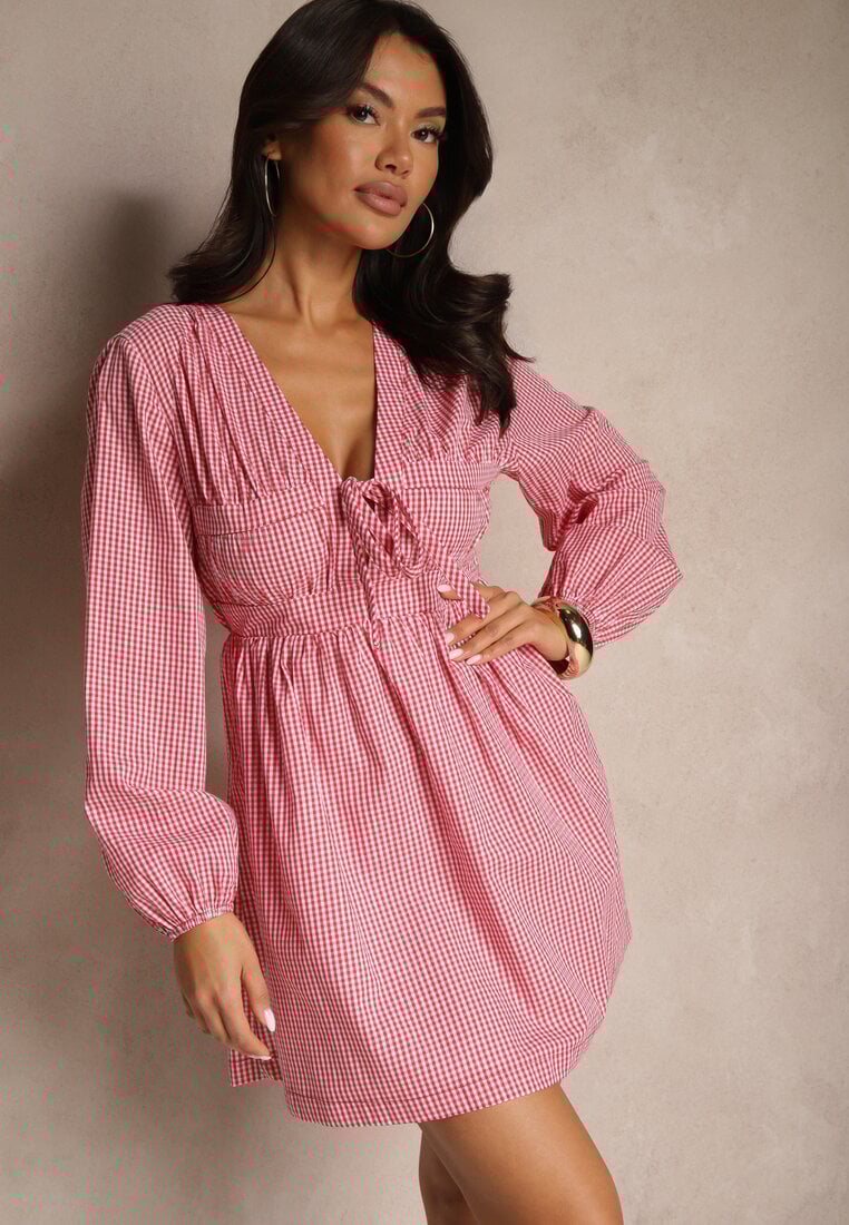 Rochie Roșie Evazată cu carouri Vichy cu legătură la decolteu Koemis