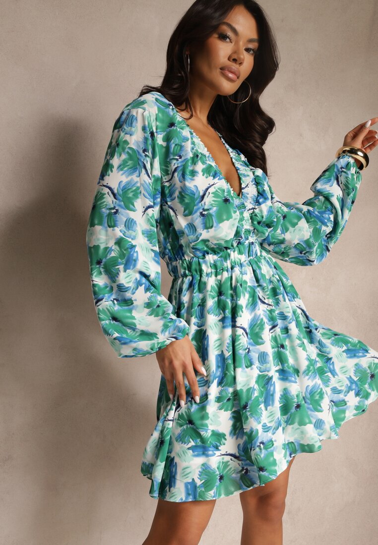 Rochie petrecută verde florală cu partea de jos evazată Elvezia