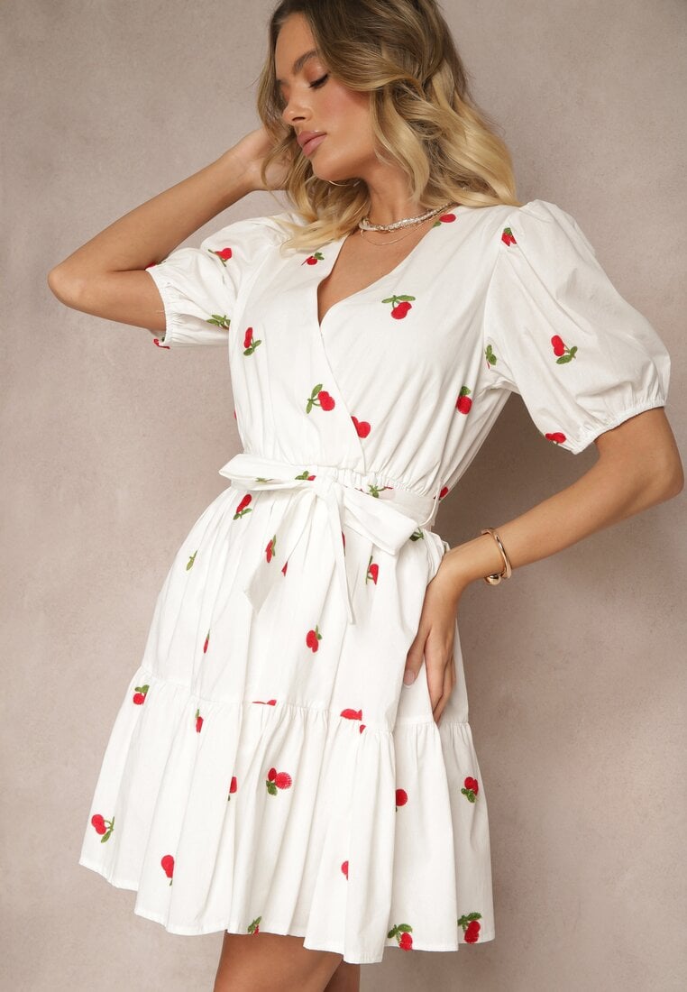 Rochie Albă din Bumbac cu Cireșe cu Elastic în Talie Axona