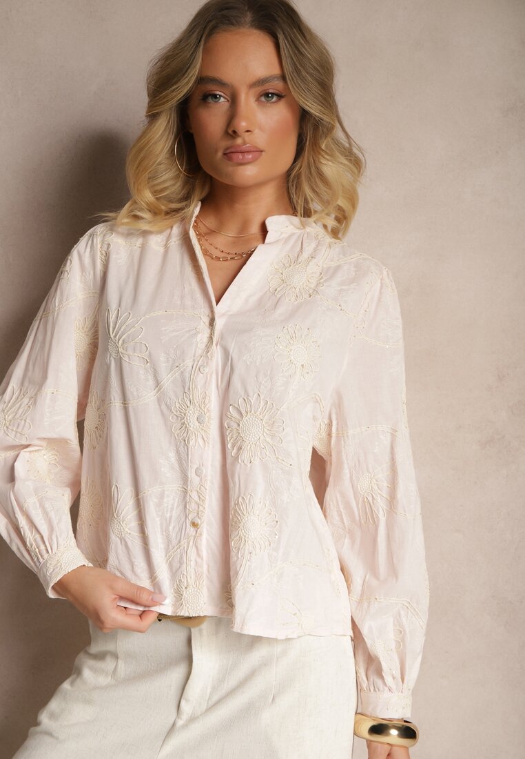 Cămașă Roz din Bumbac cu Broderie Florală Decorativă cu Paiete Gonisia