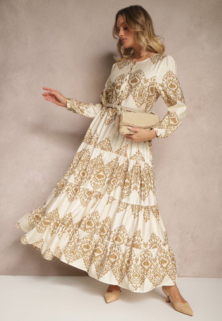 Rochie Evazată Bej cu Viscoză Încheiată cu nasturi Ilathinna