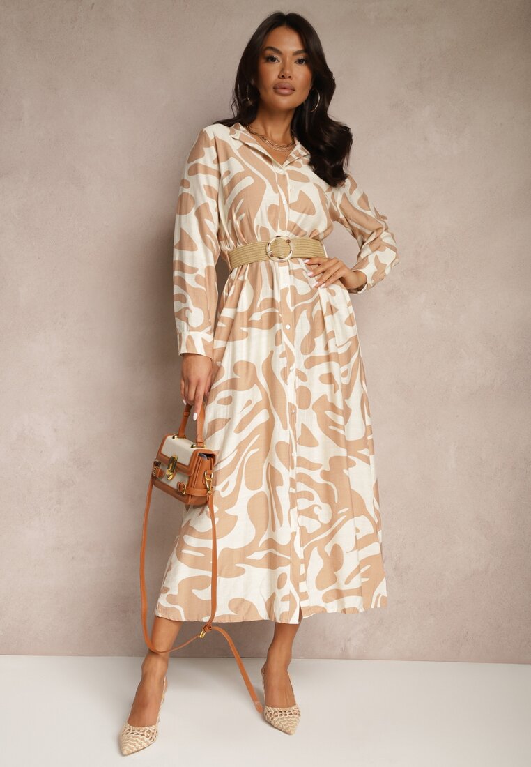 Rochie Bej din Viscoză cu Croială Tip Cămașă cu Curea Împletită Faledina