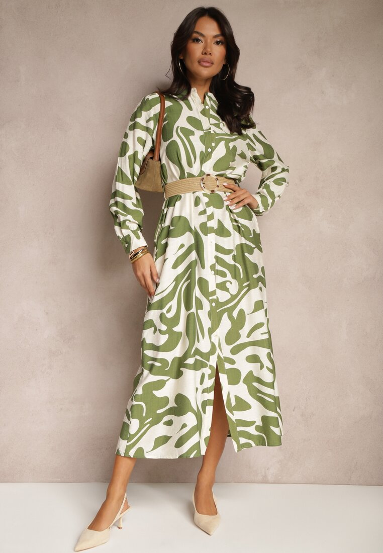 Rochie Verde din Viscoză cu croială tip cămașă cu Curea Împletită Faledina