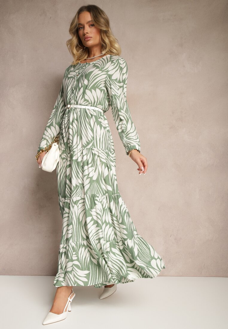 Rochie Verde din Vâscoză cu Croială Cloș cu Imprimeu Abstract Grelaviel