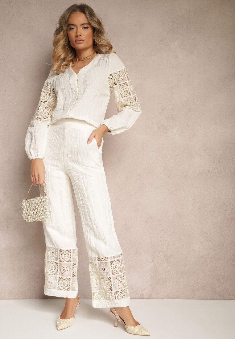 Pantaloni Bej de Bumbac cu Croială Largă cu Broderie Fenelith