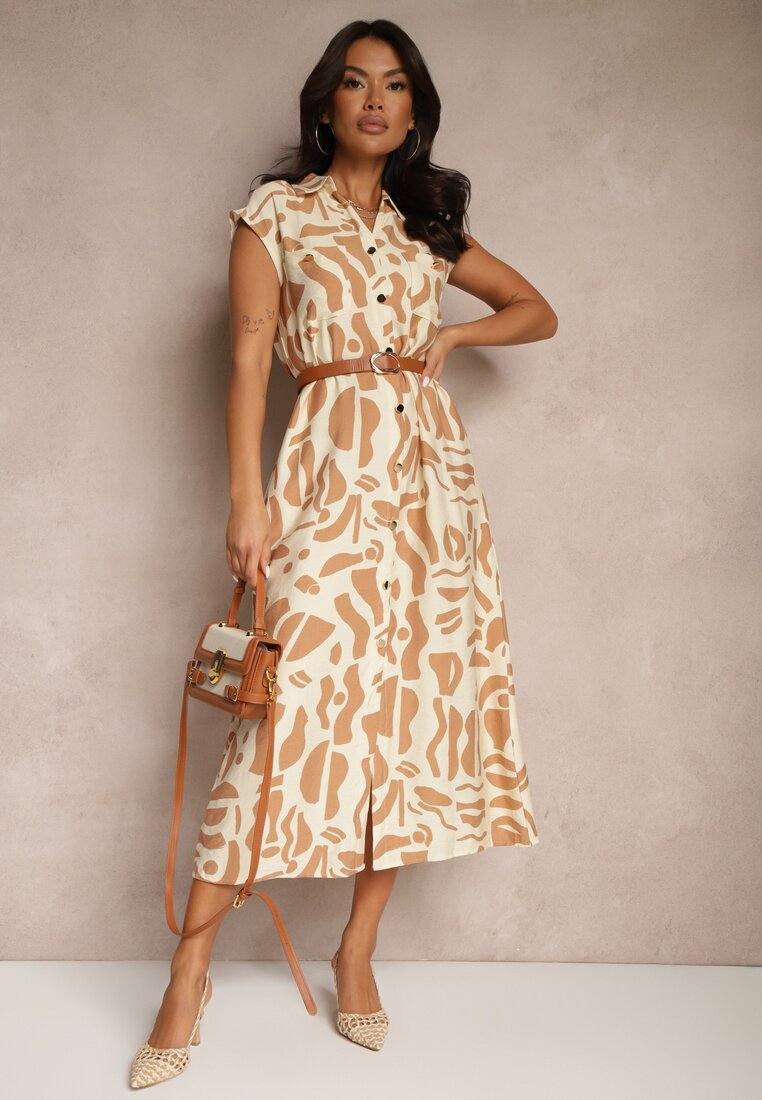 Rochie Bej Tip Cămașă Cu Buzunare Cu Imprimeu Geometric Arathia