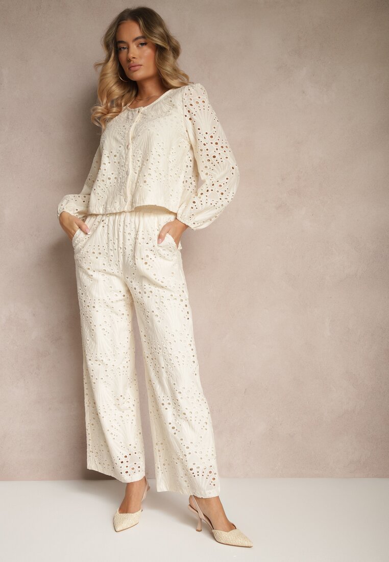 Pantaloni bej largi din țesătură ajurată cu talie înaltă Siledis