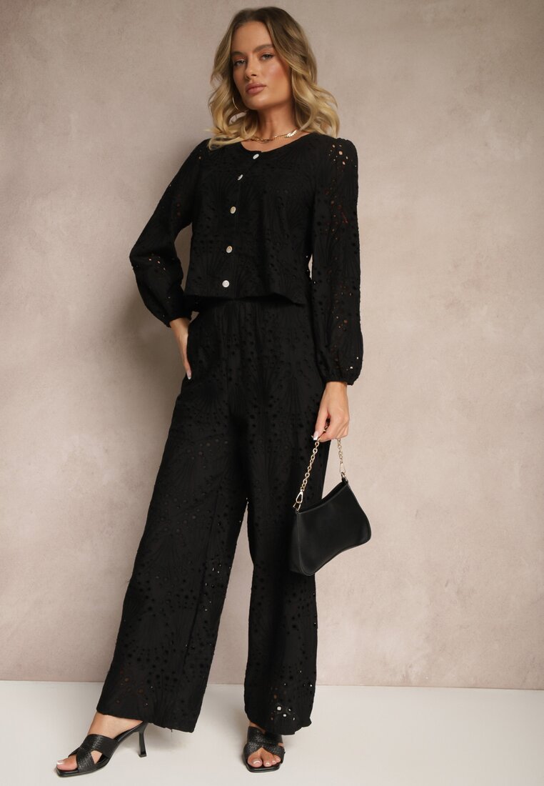 Pantaloni Negri Largi din țesătură ajurată cu talie înaltă Siledis