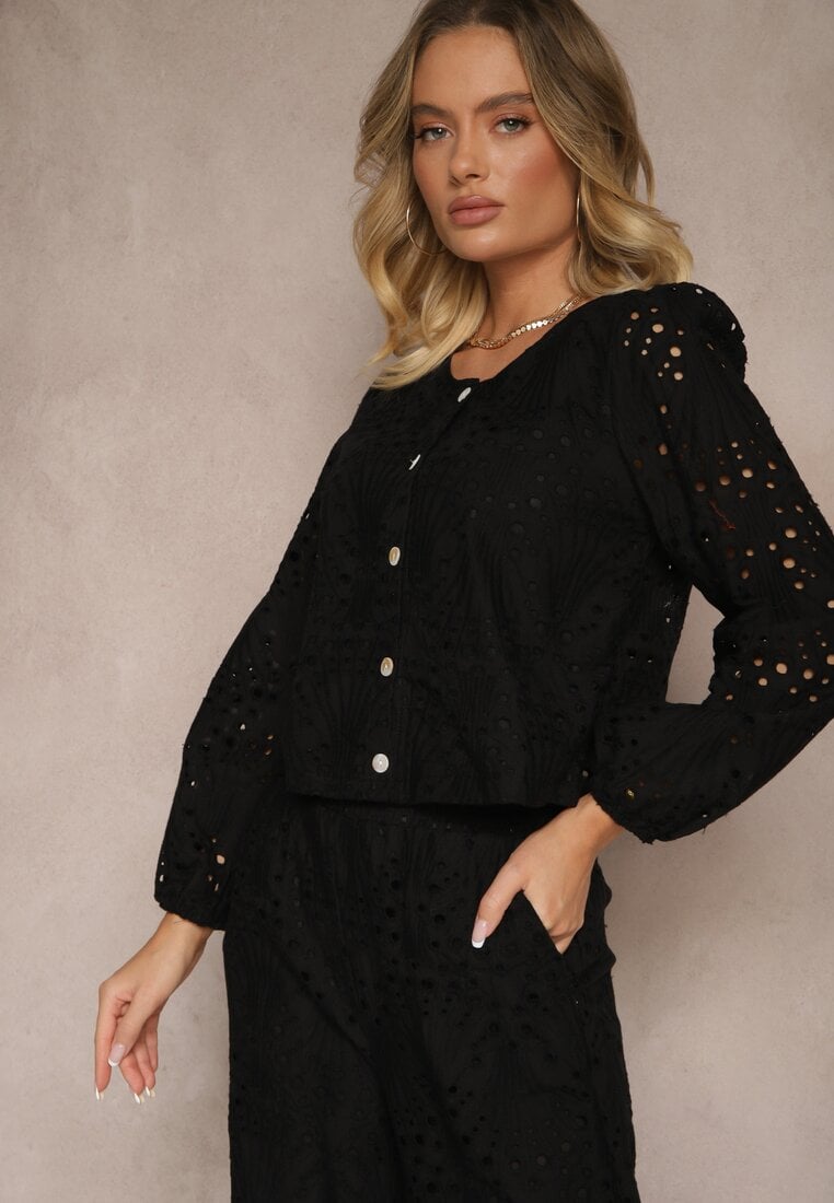 Cămașă Neagră de bumbac Decorată cu Broderie Fonliria