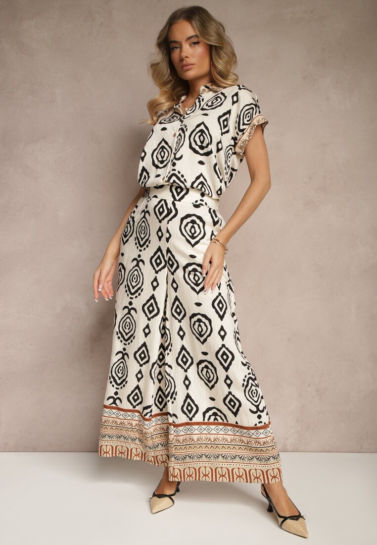 Pantaloni Bej-Negru din Vâscoză cu croială largă cu Model Geometric Zoledia