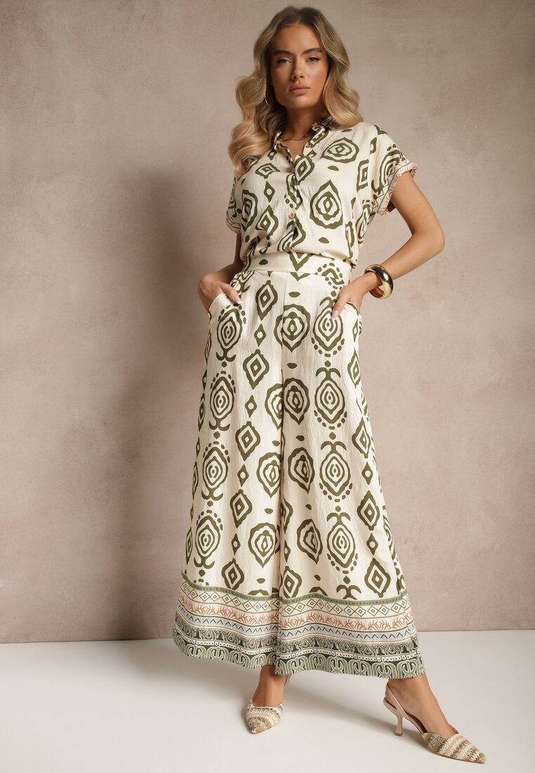 Pantaloni Bej-Verde cu Viscoză cu Croială Largă cu Model Geometric Zoledia