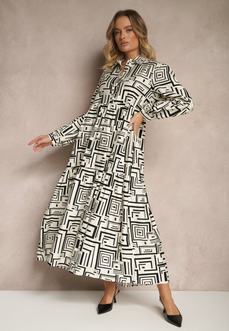 Rochie Cloș Neagră cu Vâscoză cu Imprimeu Geometric Apirestia