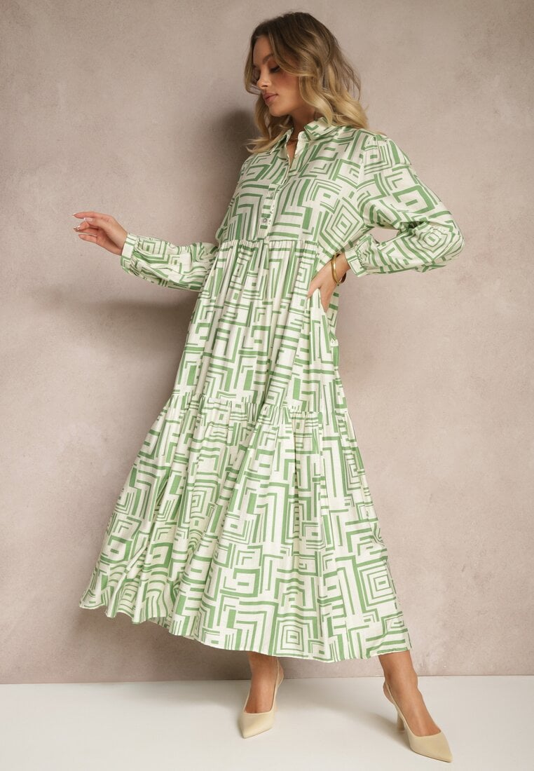 Rochie Verde Evazată cu Vâscoză cu Imprimeu Geometric Apirestia