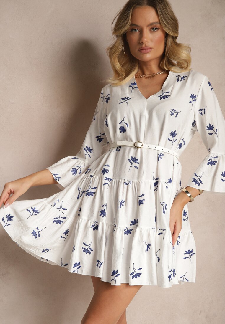 Rochie Evazată Albă din Viscoză Decorată cu Broderie și Volane Aliorra