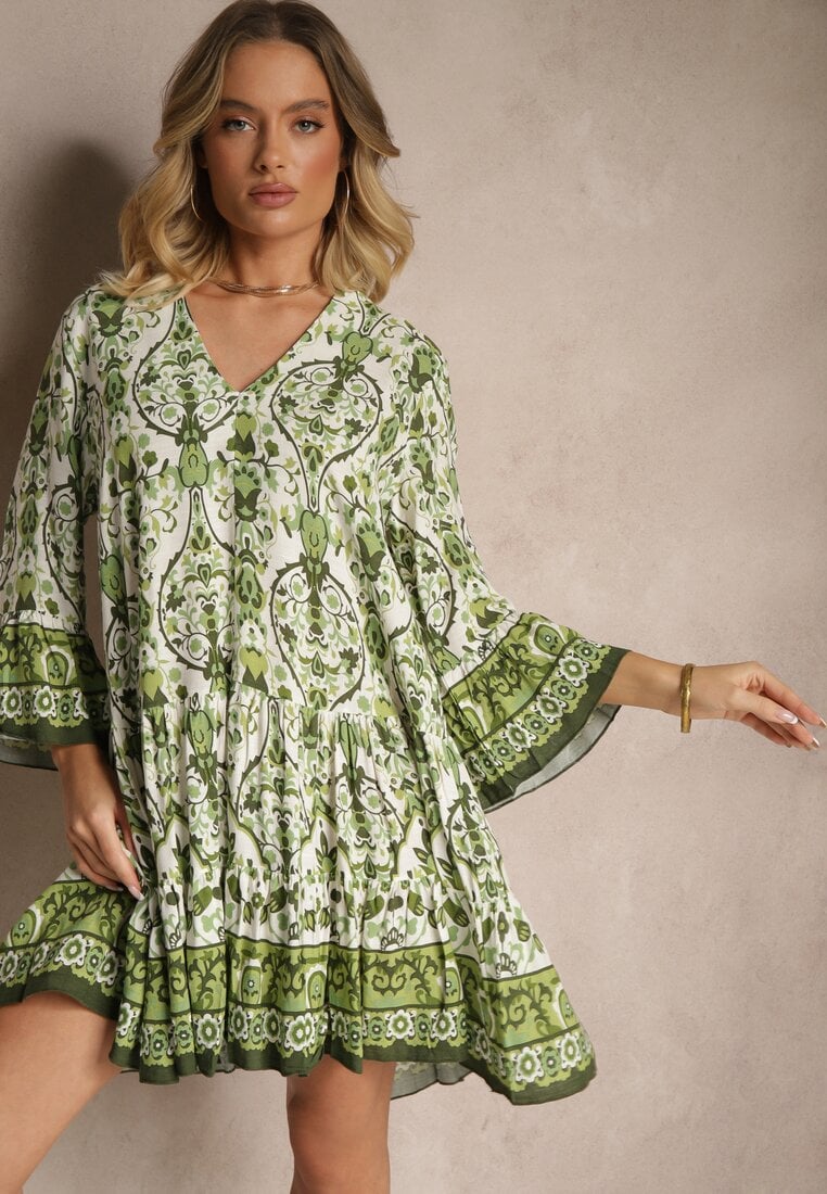 Rochie Verde din Viscoză cu Croială Cloș cu Imprimeu Etnic Aledia