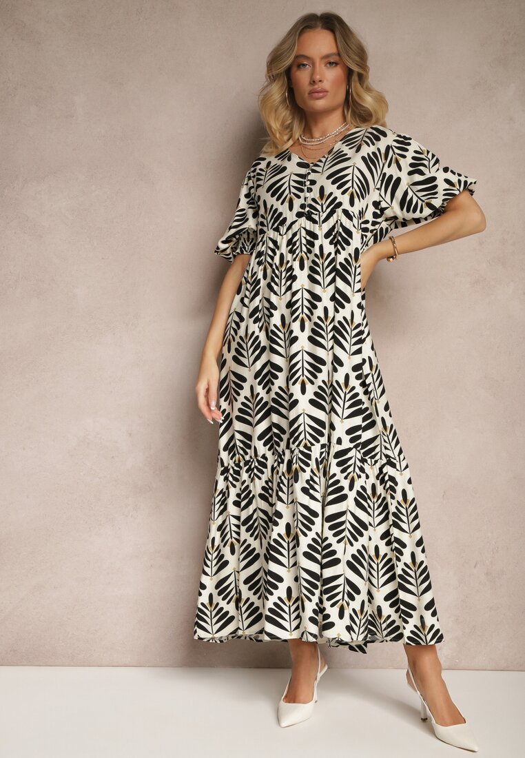 Rochie Neagră din Viscoză cu croială evazată cu imprimeu floral Heledis