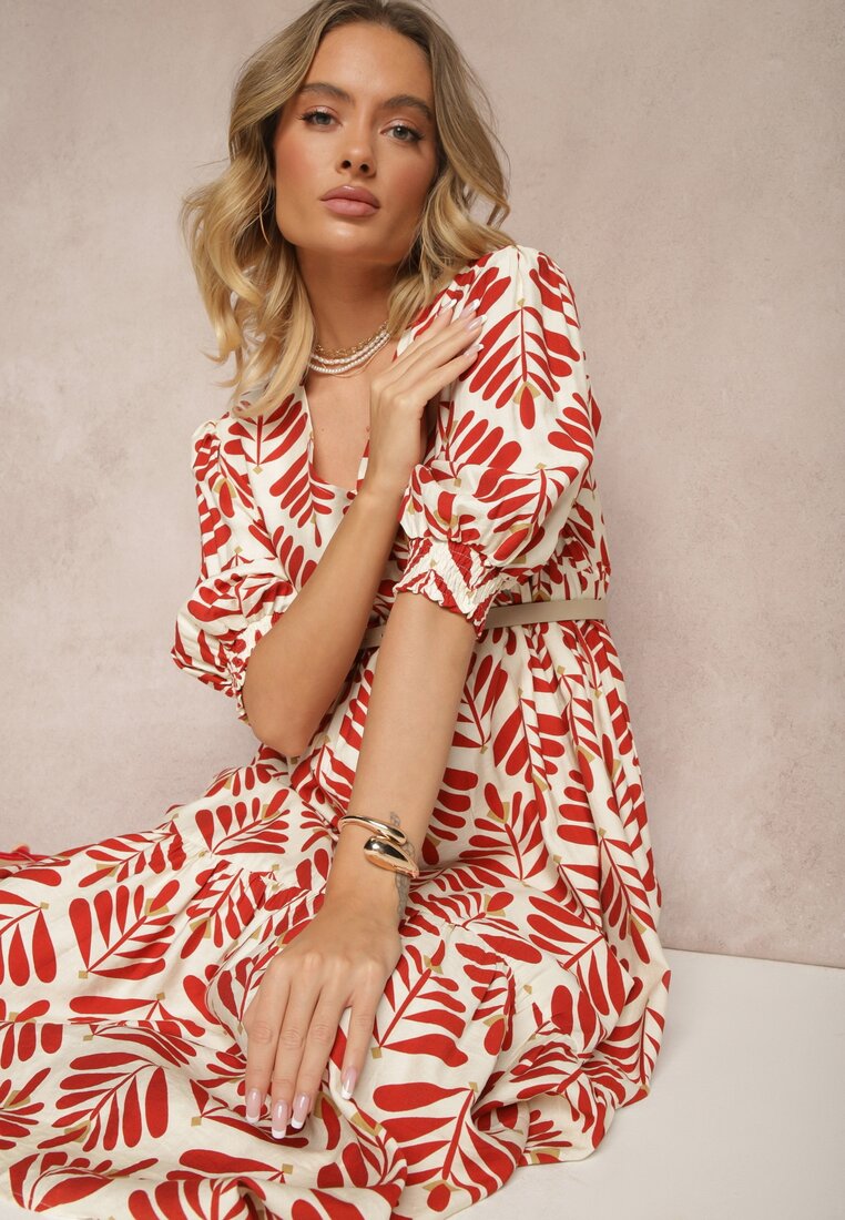 Rochie Roșie din Viscoza cu croiala clos cu imprimeu floral Heledis