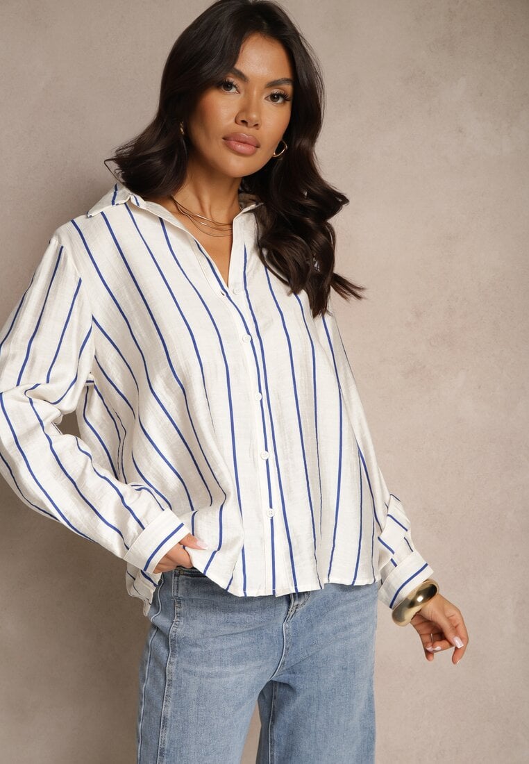 Cămașă Albă Decorată cu Imprimeu în Dungi din Bumbac și Viscoză Hizea