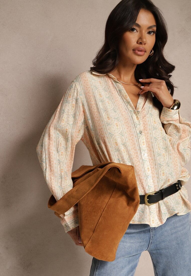 Cămașă Bej din Vâscoză Decorată cu Model Floral Mic Aredina