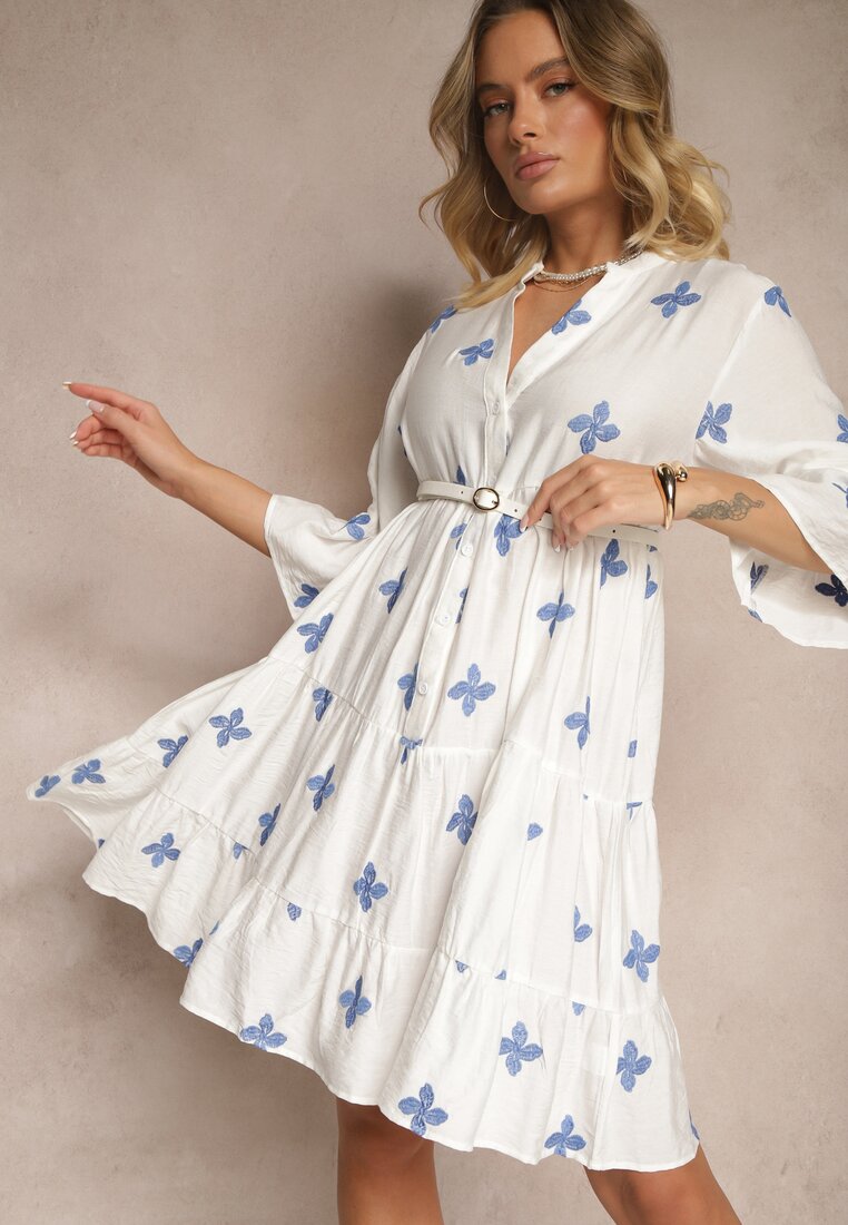 Rochie Albă Cloche cu Viscoză Decorată cu Broderie Aravella