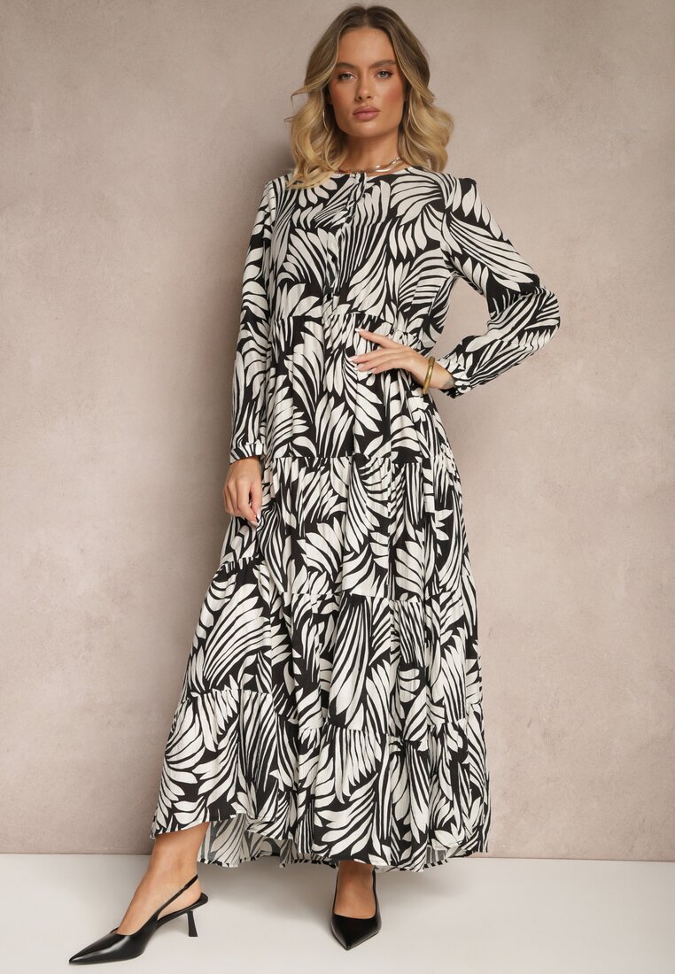 Rochie Neagră din vâscoză cu croială evazată cu model abstract Grelaviel