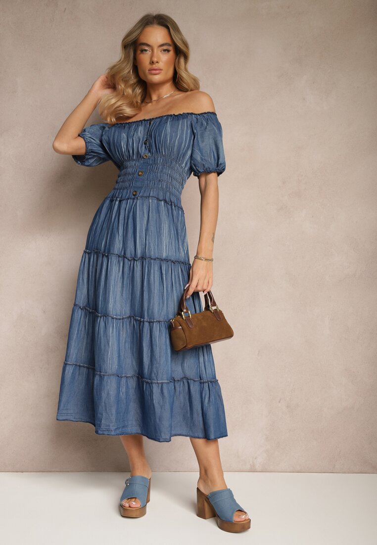 Rochie Albastră cu Decolteu Spaniol și Talie Lată Încrețită Sardexia