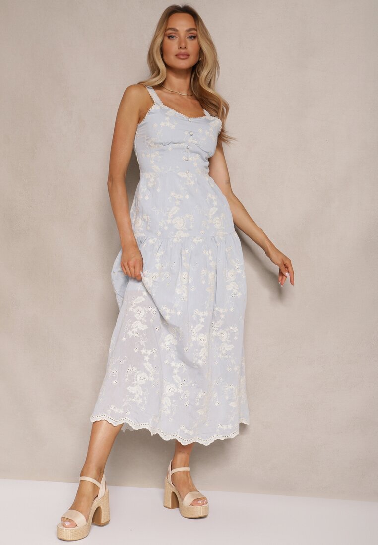 Rochie Albastră Boho din viscoză și bumbac cu nasturi cu bretele cu imprimeu floral Lildexis