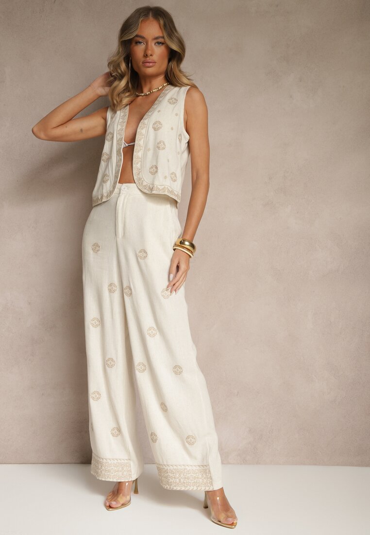 Pantaloni Bej din Vâscoză și In High Waist cu Croială Largă cu Broderie Wilirna