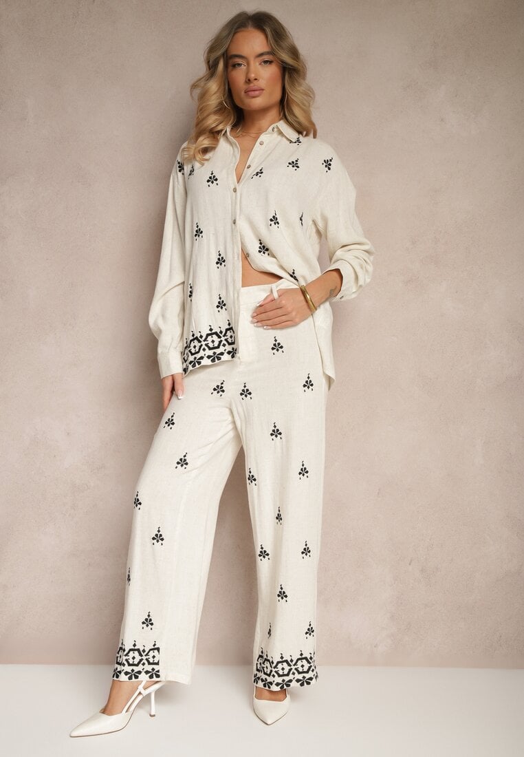 Pantaloni Alb-Negru din Viscoză și In Talie înaltă cu croială largă cu Broderii Olerina