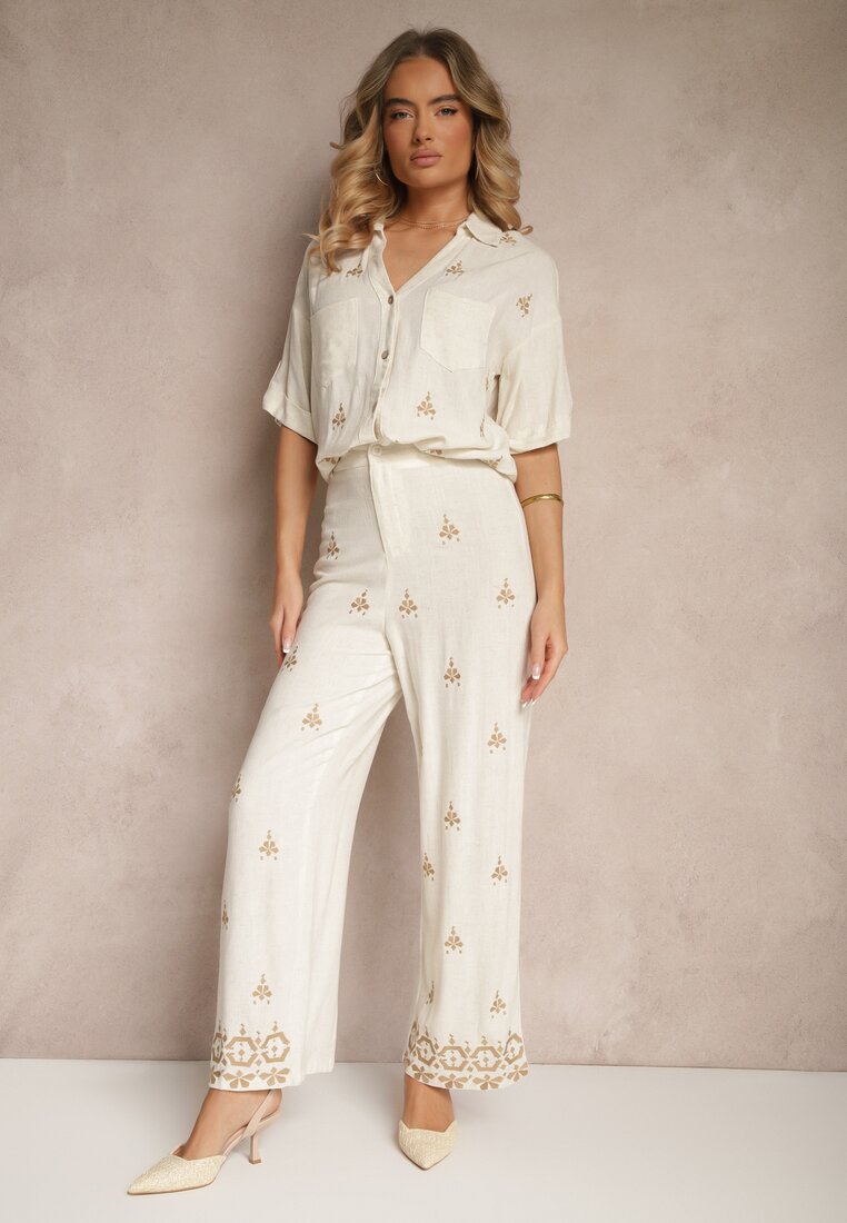 Pantaloni Alb-Bej cu Viscoză și In Talie Înaltă cu Croială Largă cu Broderii Olerina
